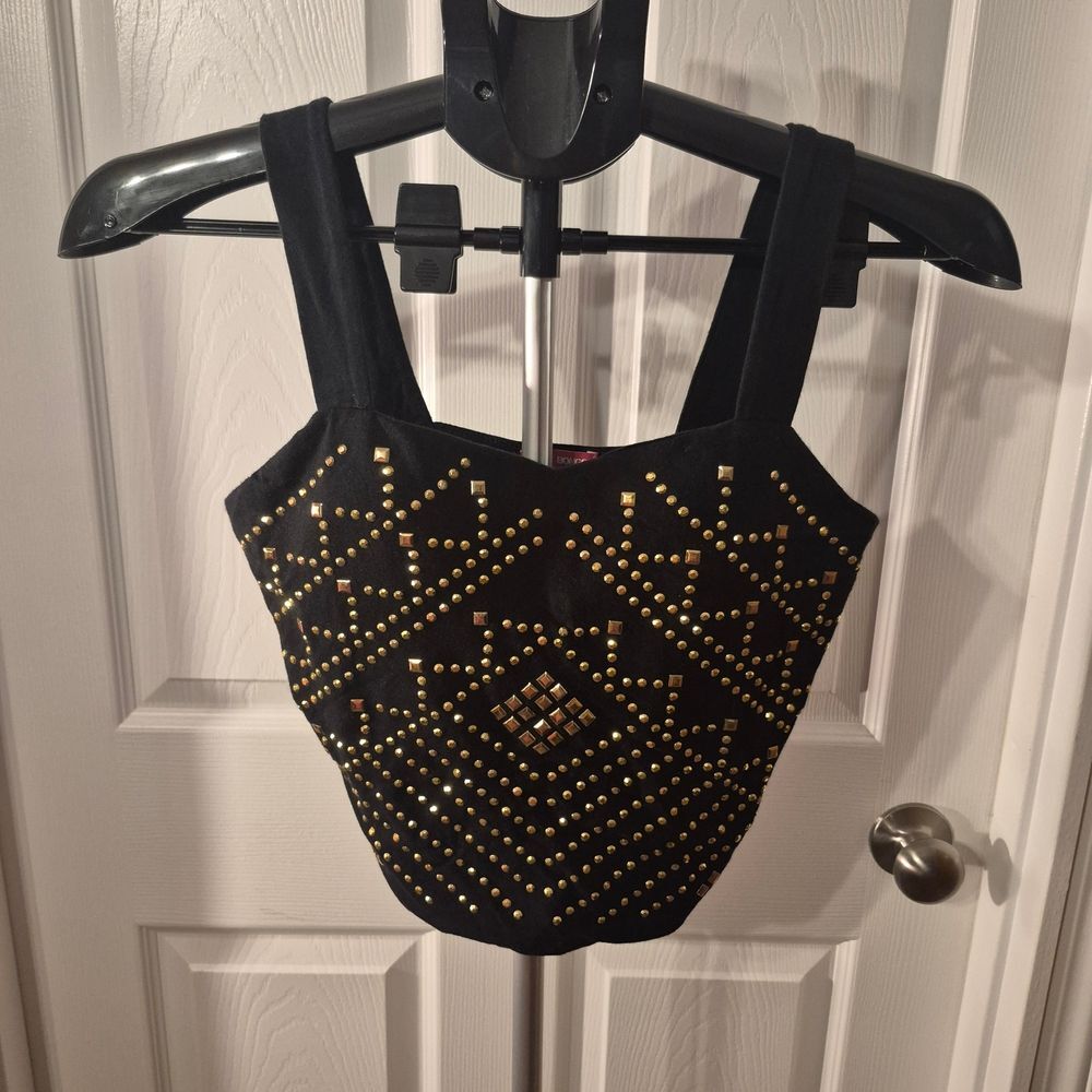 Bongo Black Strap Crop Top | Medium with Dazzling Gold Sequins!